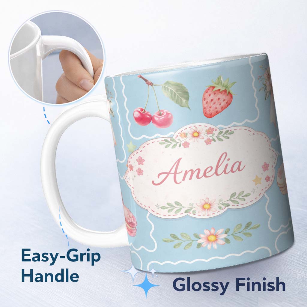 Personalized Custom Name Strawberry Cherry Bow Seamless Pattern Blue Frame Cute Coquette 11oz Ceramic Coffee Tea Mug White Large Handle
