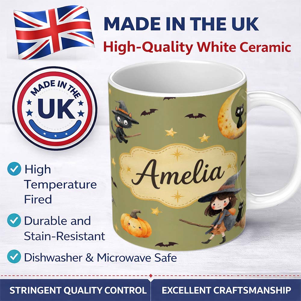 Personalized Custom Name Halloween Witch Girl Flying with Cat, Bats, Stars Olive Green Lovely 11oz Ceramic Coffee Tea Mug White Large Handle