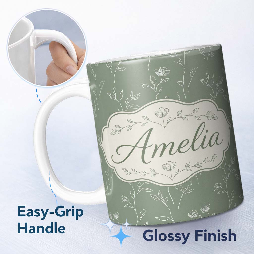 Personalized Custom Name Soft Green Botanical Line Art Floral Pattern with Minimal Leaves 11oz Ceramic Coffee Tea Mug White Large Handle