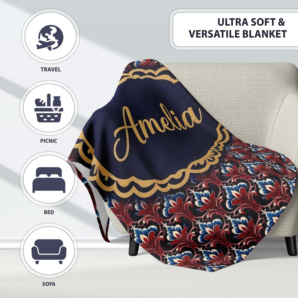 Elegant Vintage Damask Floral Pattern in Red Blue and Cream Personalised Custom Name Super Soft Fleece Blanket Bed Sofa Throw