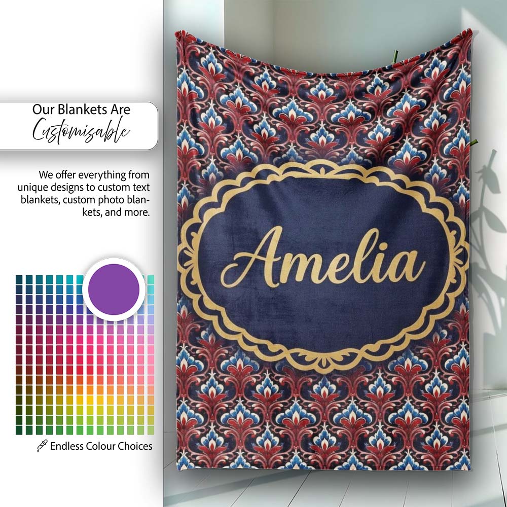 Elegant Vintage Damask Floral Pattern in Red Blue and Cream Personalised Custom Name Super Soft Fleece Blanket Bed Sofa Throw