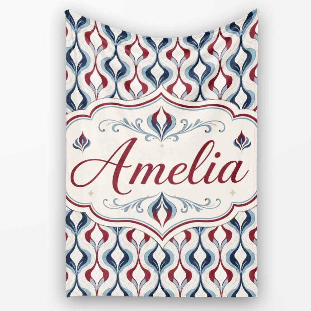 Wavy Abstract Leaf Pattern in Blue Red and Cream Seamless Design Personalised Custom Name Super Soft Fleece Blanket Bed Sofa Throw