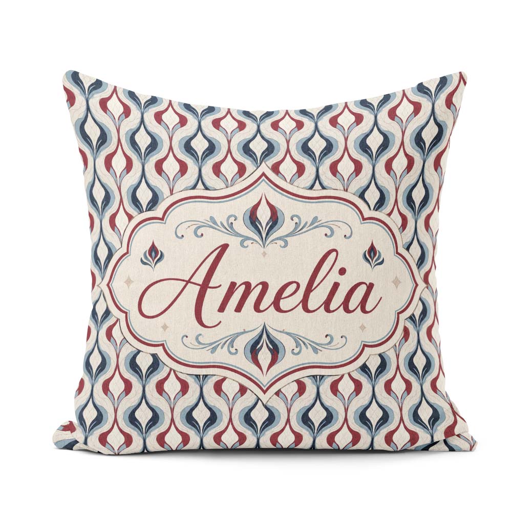 Custom Name Wavy Abstract Leaf Pattern in Red and Cream Seamless Square Filled Cushion Throw Pillow Sofa Bed Home Decor Zip Washable UK Made