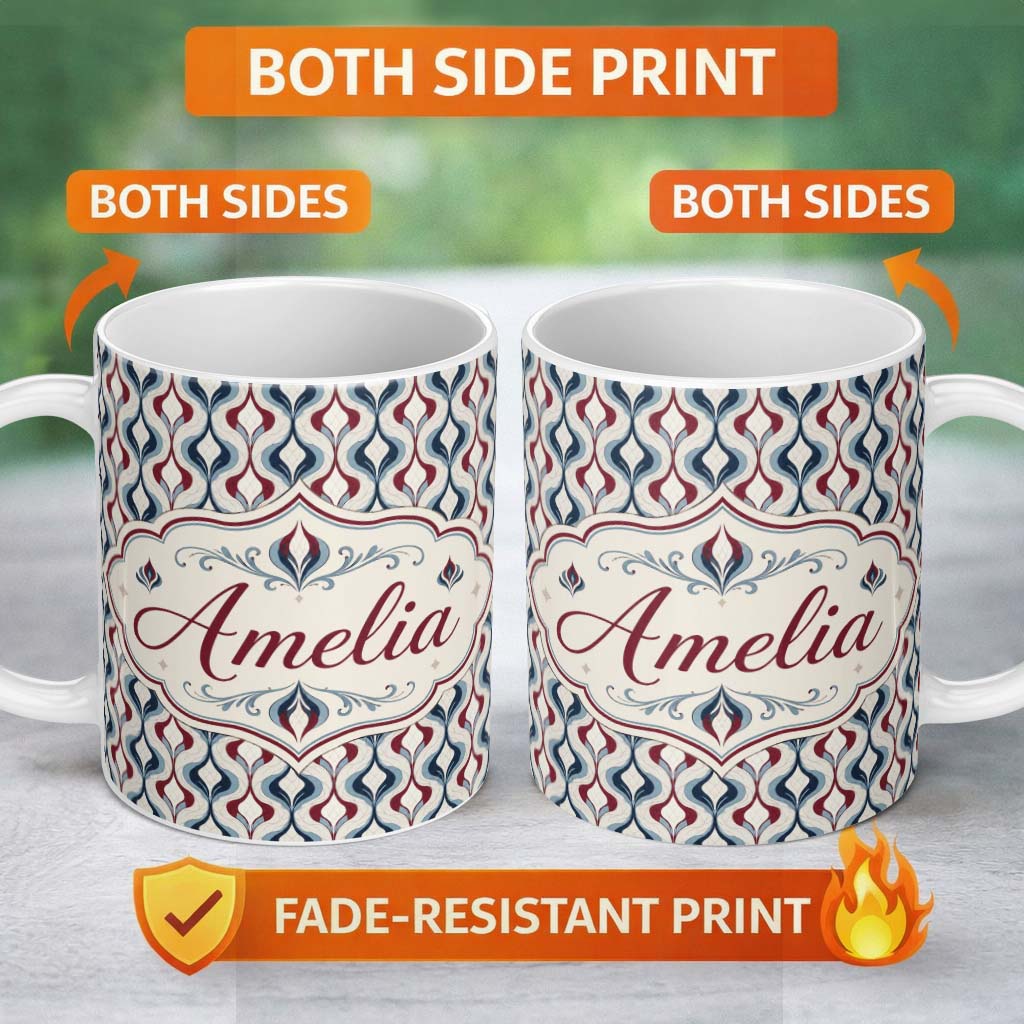 Personalized Custom Name Wavy Abstract Leaf Pattern in Blue Red and Cream Seamless Design 11oz Ceramic Coffee Tea Mug White Large Handle