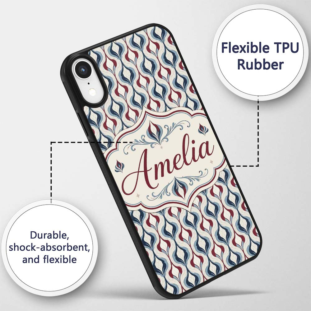 Wavy Abstract Leaf Pattern in Blue Red and Cream Custom Name Protective Phone Case Mobile Cover Durable Everyday Smartphone Shock Resistant
