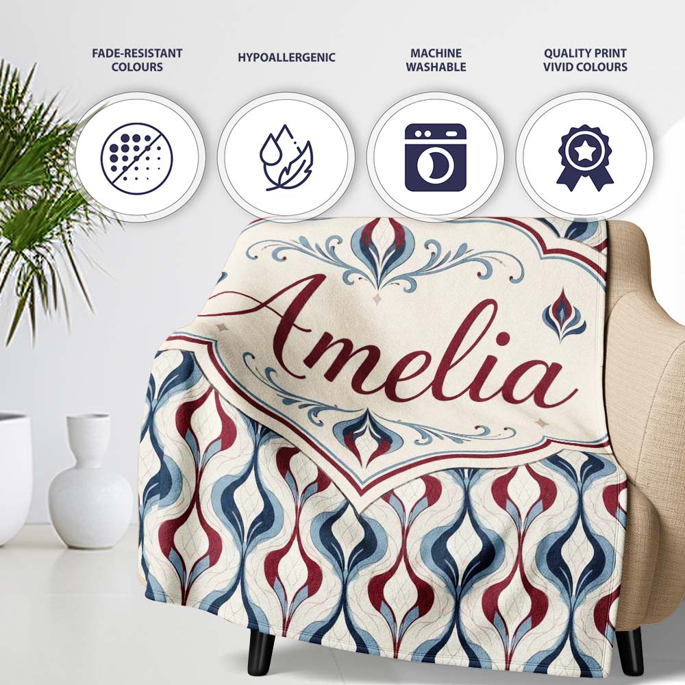 Wavy Abstract Leaf Pattern in Blue Red and Cream Seamless Design Personalised Custom Name Super Soft Fleece Blanket Bed Sofa Throw