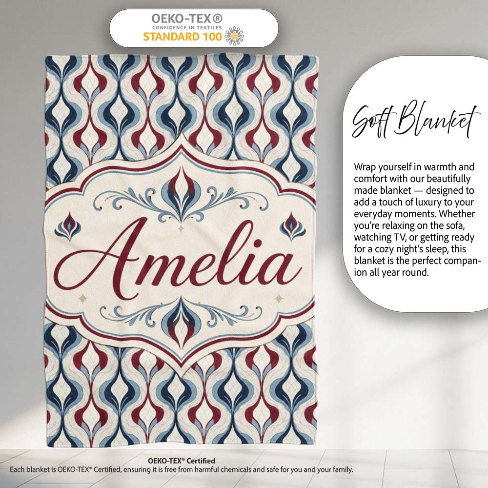 Wavy Abstract Leaf Pattern in Blue Red and Cream Seamless Design Personalised Custom Name Super Soft Fleece Blanket Bed Sofa Throw