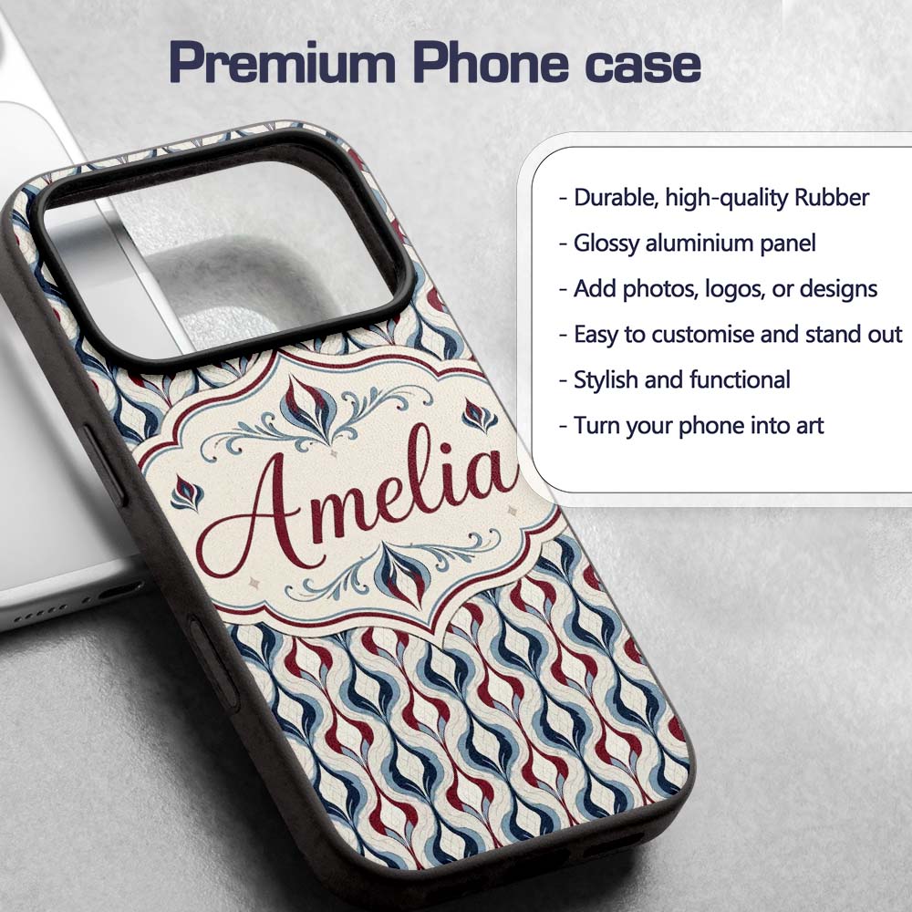 Wavy Abstract Leaf Pattern in Blue Red and Cream Custom Name Protective Phone Case Mobile Cover Durable Everyday Smartphone Shock Resistant