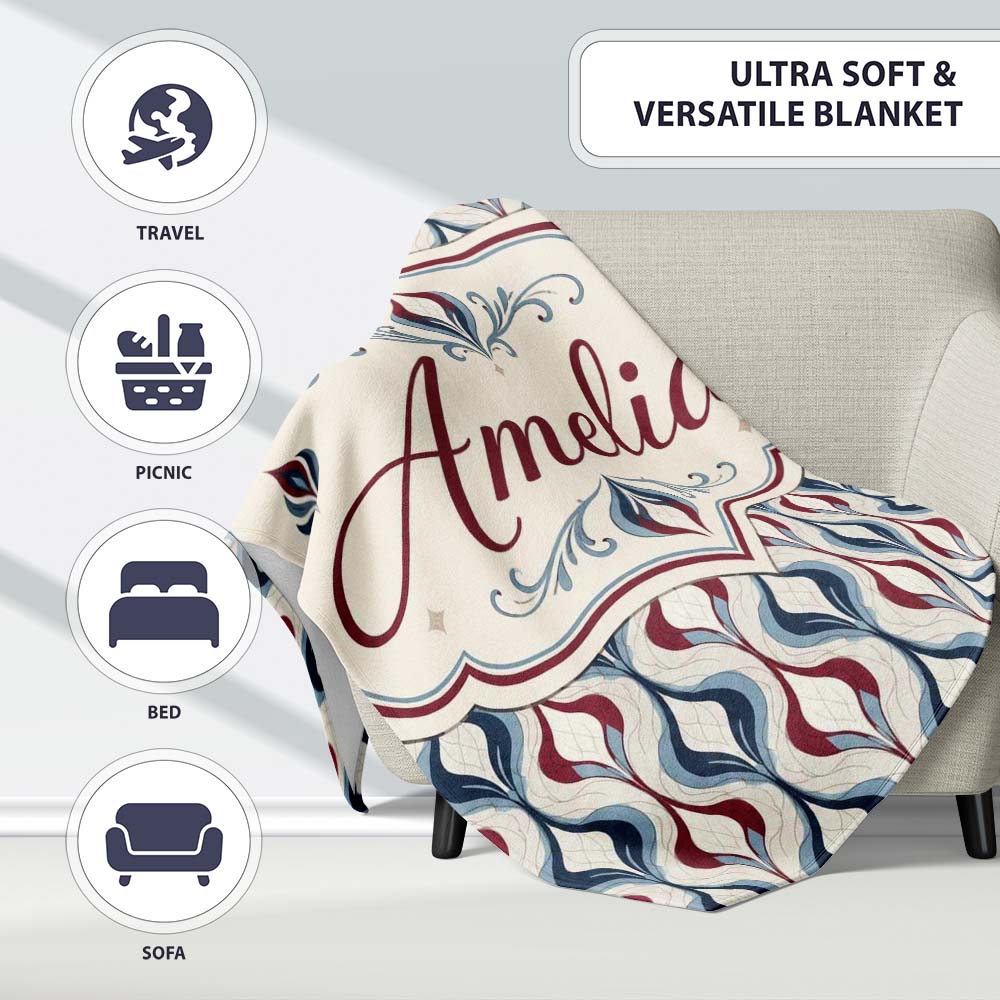 Wavy Abstract Leaf Pattern in Blue Red and Cream Seamless Design Personalised Custom Name Super Soft Fleece Blanket Bed Sofa Throw