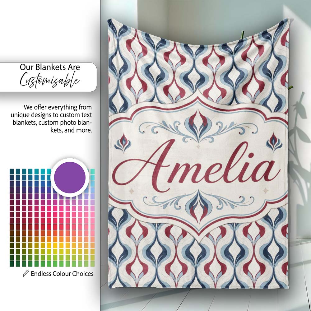 Wavy Abstract Leaf Pattern in Blue Red and Cream Seamless Design Personalised Custom Name Super Soft Fleece Blanket Bed Sofa Throw