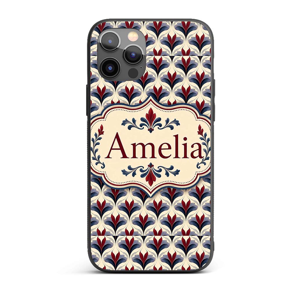 Classic Art Deco Floral Motif Pattern in Red Blue Custom Name Protective Phone Case Mobile Cover Durable Everyday Smartphone Shock Resistant