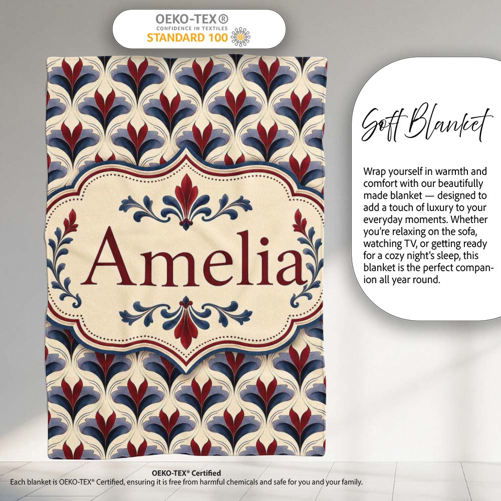 Classic Art Deco Floral Motif Pattern in Red Blue and Beige Personalised Custom Name Super Soft Fleece Blanket Bed Sofa Throw