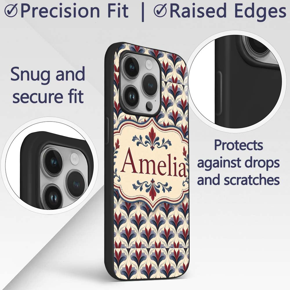 Classic Art Deco Floral Motif Pattern in Red Blue Custom Name Protective Phone Case Mobile Cover Durable Everyday Smartphone Shock Resistant