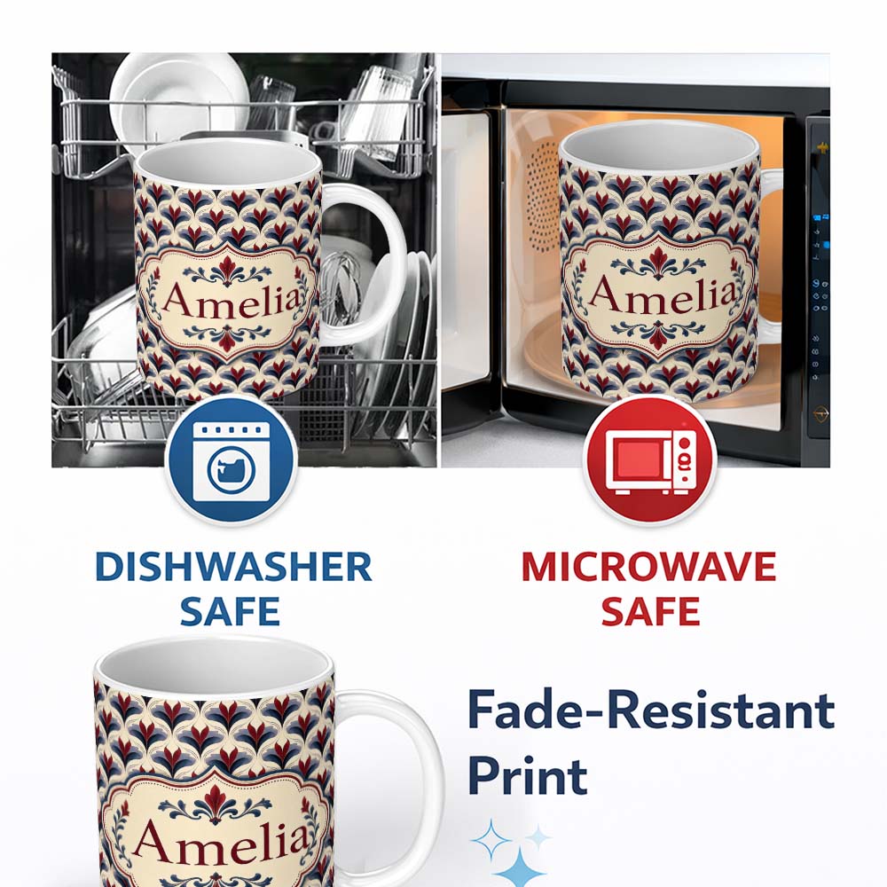 Personalized Custom Name Classic Art Deco Floral Motif Pattern in Red Blue and Beige 11oz Ceramic Coffee Tea Mug White Large Handle