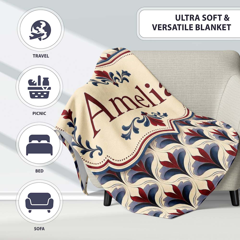 Classic Art Deco Floral Motif Pattern in Red Blue and Beige Personalised Custom Name Super Soft Fleece Blanket Bed Sofa Throw