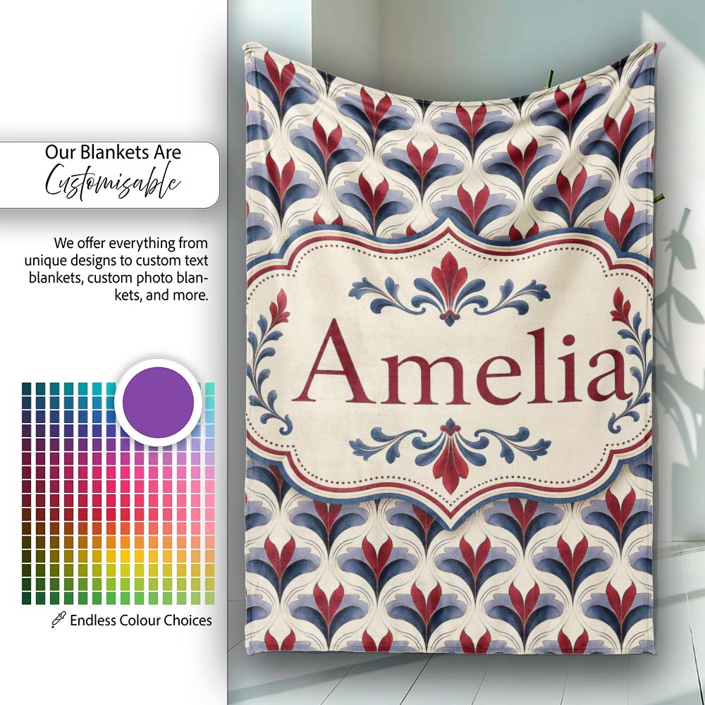 Classic Art Deco Floral Motif Pattern in Red Blue and Beige Personalised Custom Name Super Soft Fleece Blanket Bed Sofa Throw