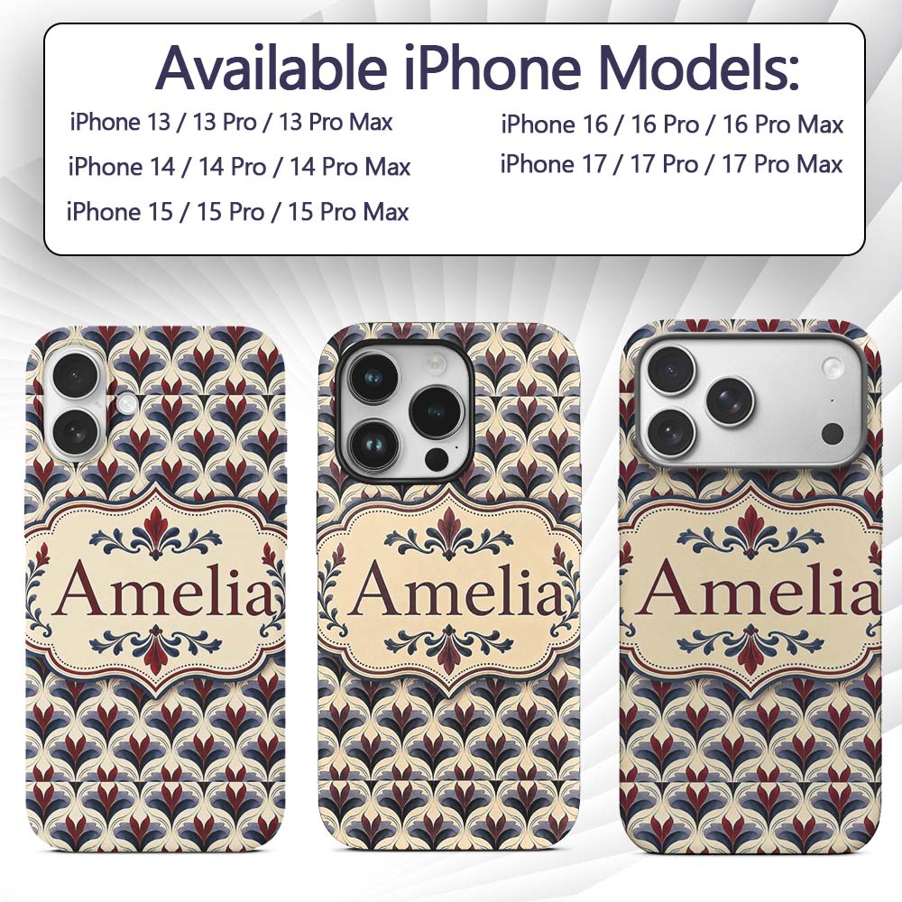 Classic Art Deco Floral Motif Pattern in Red Blue Custom Name Protective Phone Case Mobile Cover Durable Everyday Smartphone Shock Resistant