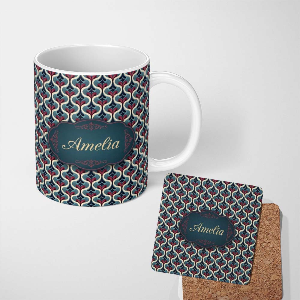 Personalized Custom Name Stylish Geometric Teardrop Pattern in Blue Red and Cream Seamless 11oz Ceramic Coffee Tea Mug White Large Handle