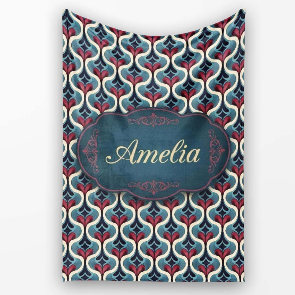 Stylish Geometric Teardrop Pattern in Blue Red and Cream Seamless Personalised Custom Name Super Soft Fleece Blanket Bed Sofa Throw
