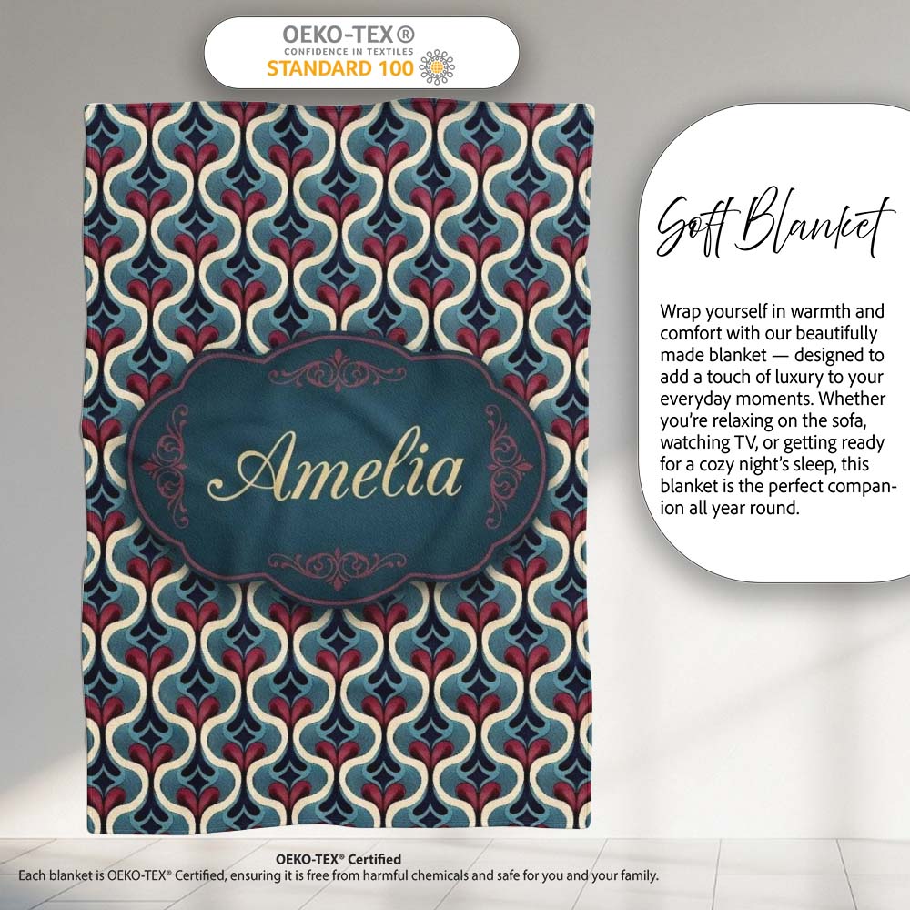 Stylish Geometric Teardrop Pattern in Blue Red and Cream Seamless Personalised Custom Name Super Soft Fleece Blanket Bed Sofa Throw