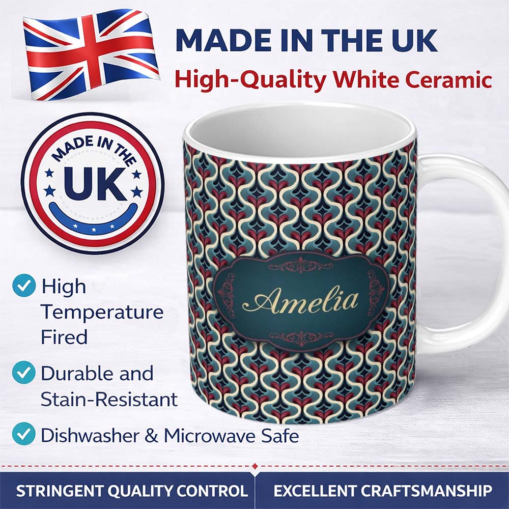 Personalized Custom Name Stylish Geometric Teardrop Pattern in Blue Red and Cream Seamless 11oz Ceramic Coffee Tea Mug White Large Handle