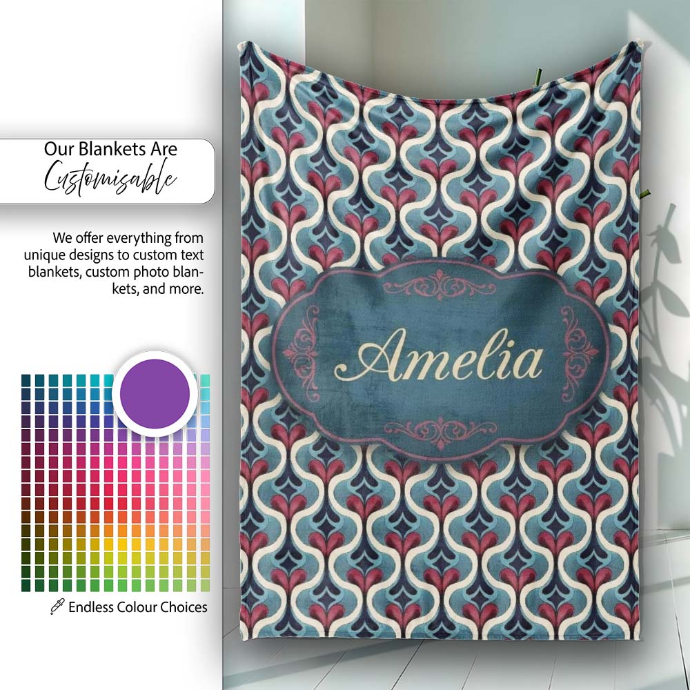 Stylish Geometric Teardrop Pattern in Blue Red and Cream Seamless Personalised Custom Name Super Soft Fleece Blanket Bed Sofa Throw