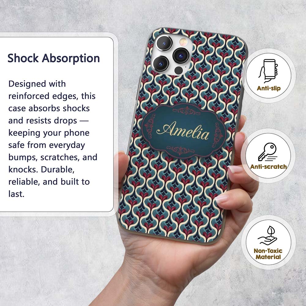 Stylish Geometric Teardrop Pattern in Blue Red Custom Name Protective Phone Case Mobile Cover Durable Everyday Smartphone Shock Resistant