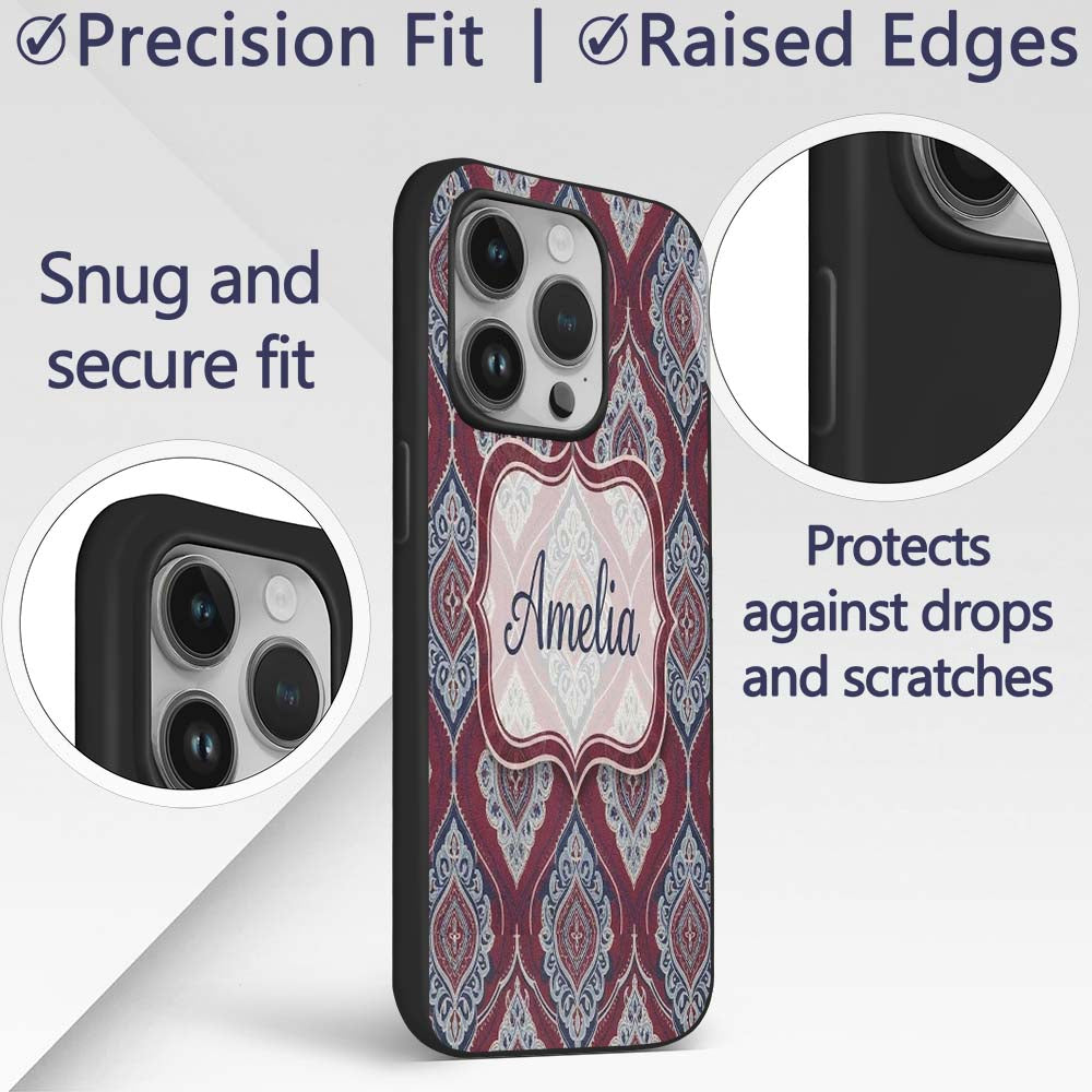 Modern Leaf Shape Pattern in Blue Printed Design Custom Name Protective Phone Case Mobile Cover Durable Everyday Smartphone Shock Resistant