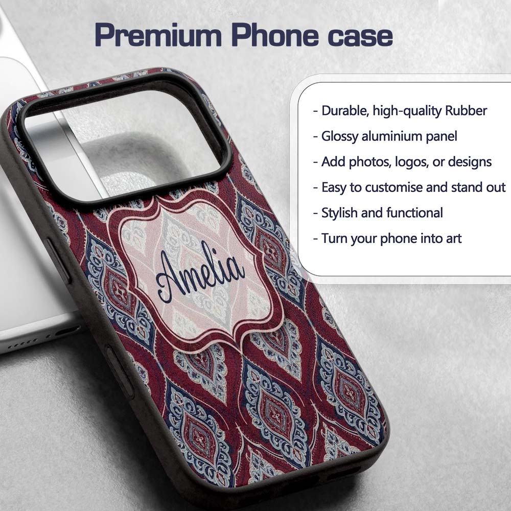 Modern Leaf Shape Pattern in Blue Printed Design Custom Name Protective Phone Case Mobile Cover Durable Everyday Smartphone Shock Resistant