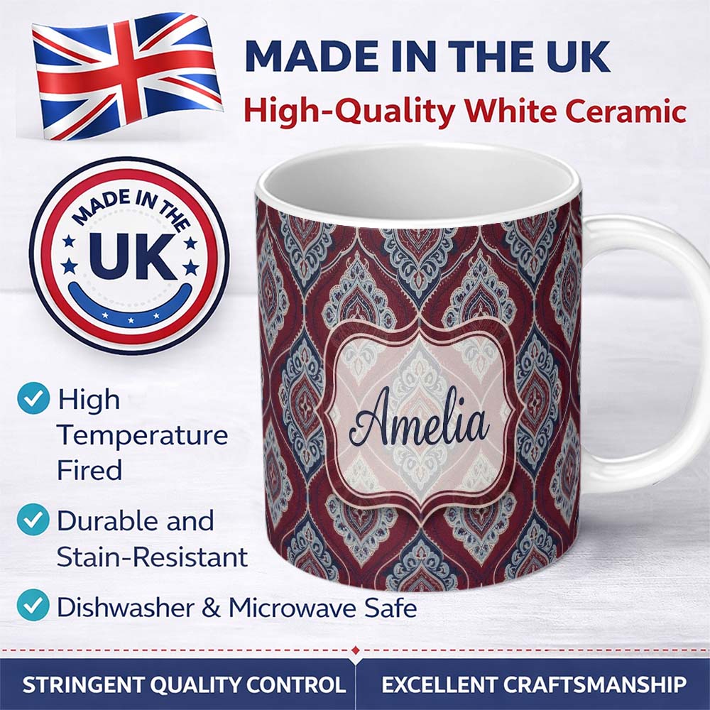 Personalized Custom Name Modern Leaf Shape Pattern in Blue and Red Seamless Design Custom 11oz Ceramic Coffee Tea Mug White Large Handle