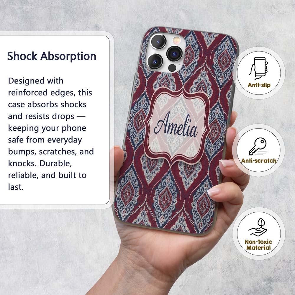 Modern Leaf Shape Pattern in Blue Printed Design Custom Name Protective Phone Case Mobile Cover Durable Everyday Smartphone Shock Resistant
