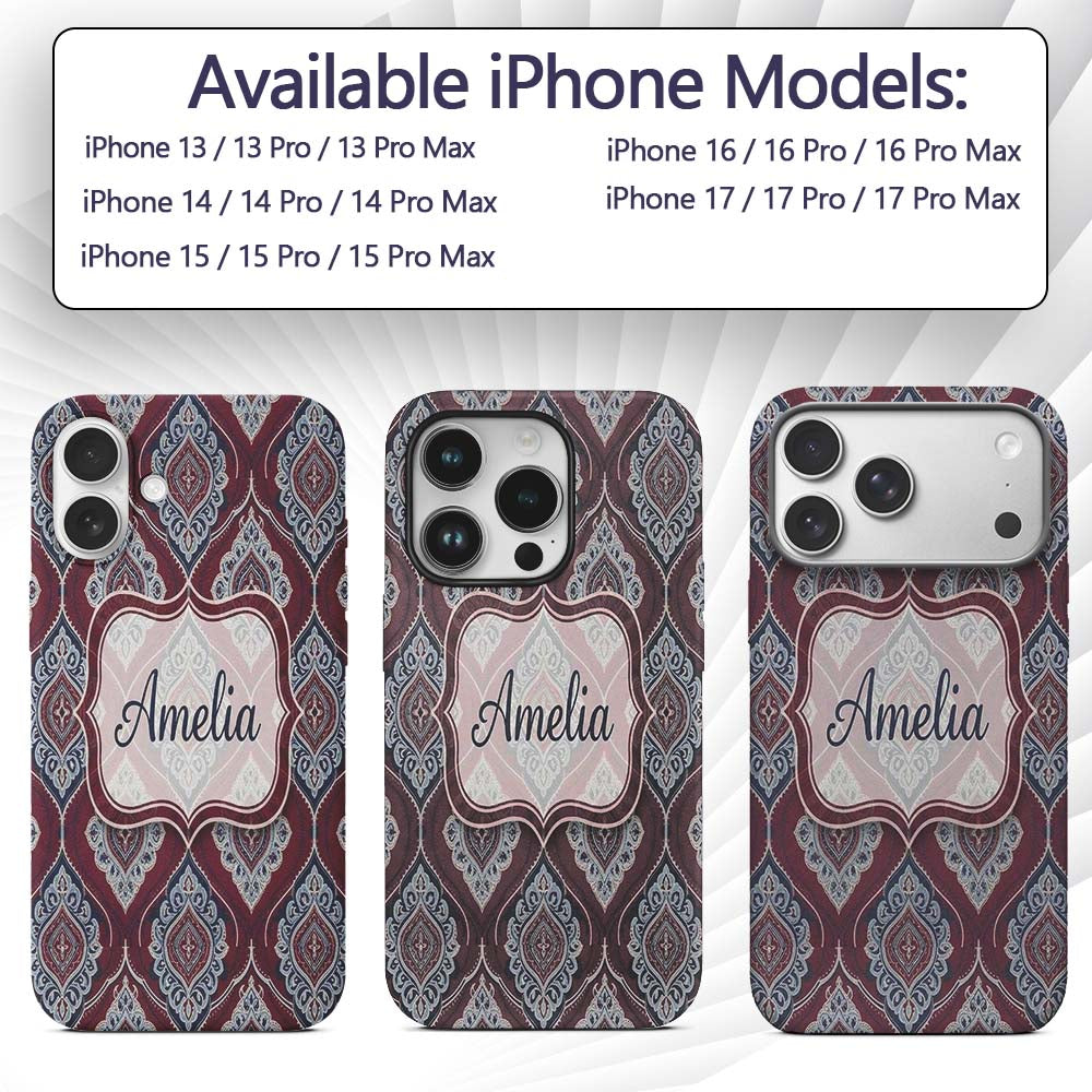 Modern Leaf Shape Pattern in Blue Printed Design Custom Name Protective Phone Case Mobile Cover Durable Everyday Smartphone Shock Resistant
