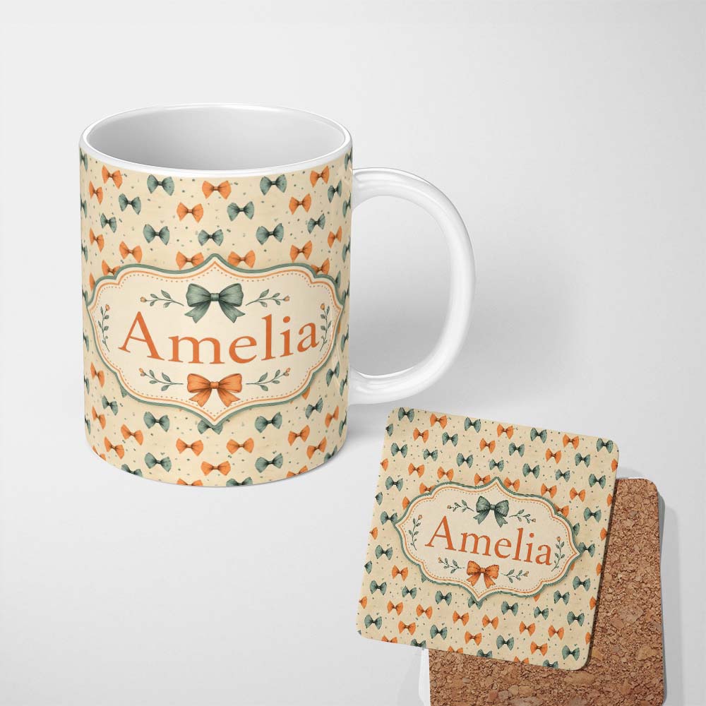 Personalized Custom Name Rustic Hand Drawn Bow Pattern in Warm Brown Tones Seamless Design 11oz Ceramic Coffee Tea Mug White Large Handle