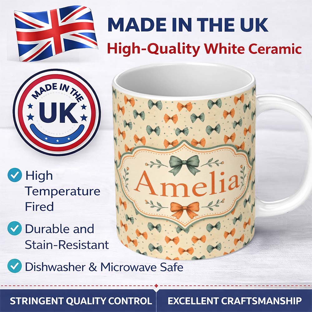 Personalized Custom Name Rustic Hand Drawn Bow Pattern in Warm Brown Tones Seamless Design 11oz Ceramic Coffee Tea Mug White Large Handle