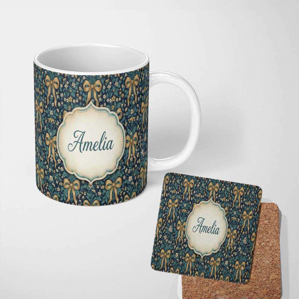 Personalized Custom Name Floral Ribbon and Bow Pattern with Yellow Flowers Seamless Design 11oz Ceramic Coffee Tea Mug White Large Handle
