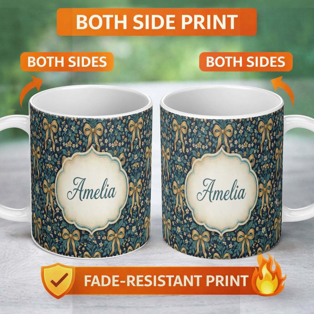 Personalized Custom Name Floral Ribbon and Bow Pattern with Yellow Flowers Seamless Design 11oz Ceramic Coffee Tea Mug White Large Handle