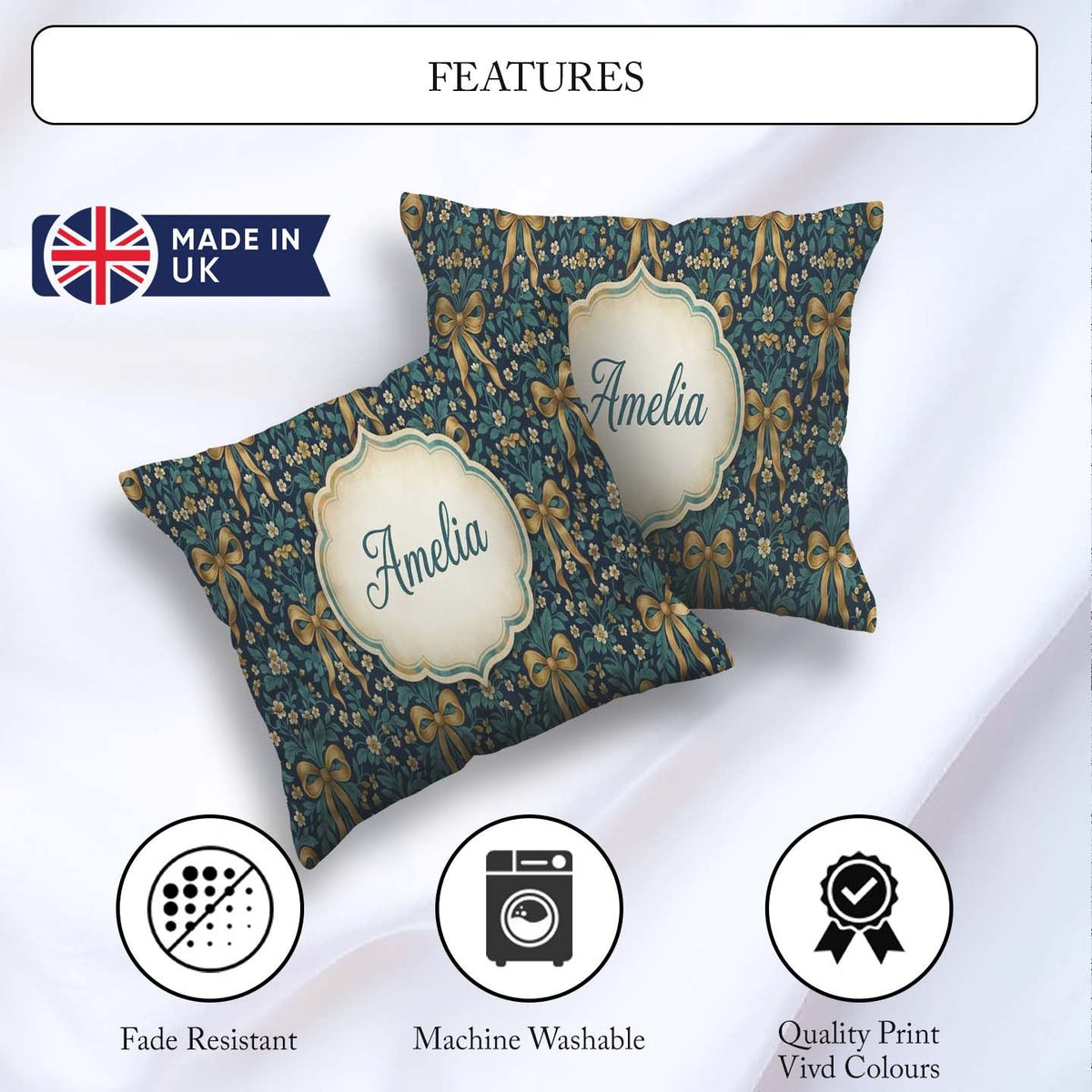Custom Name Floral Ribbon and Pattern with Yellow Flowers Design Square Filled Cushion Throw Pillow Sofa Bed Home Decor Zip Washable UK Made