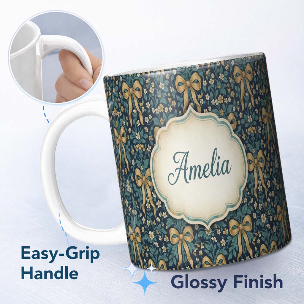 Personalized Custom Name Floral Ribbon and Bow Pattern with Yellow Flowers Seamless Design 11oz Ceramic Coffee Tea Mug White Large Handle