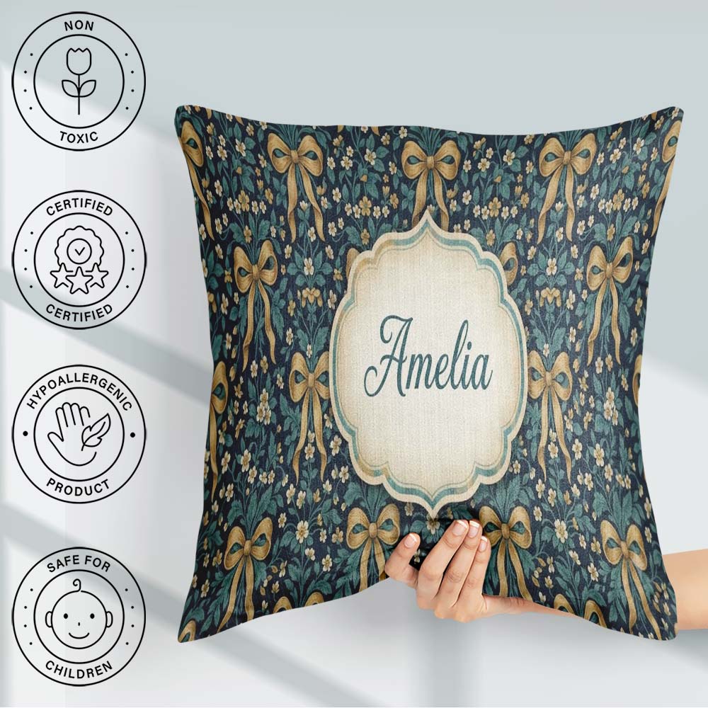 Custom Name Floral Ribbon and Pattern with Yellow Flowers Design Square Filled Cushion Throw Pillow Sofa Bed Home Decor Zip Washable UK Made