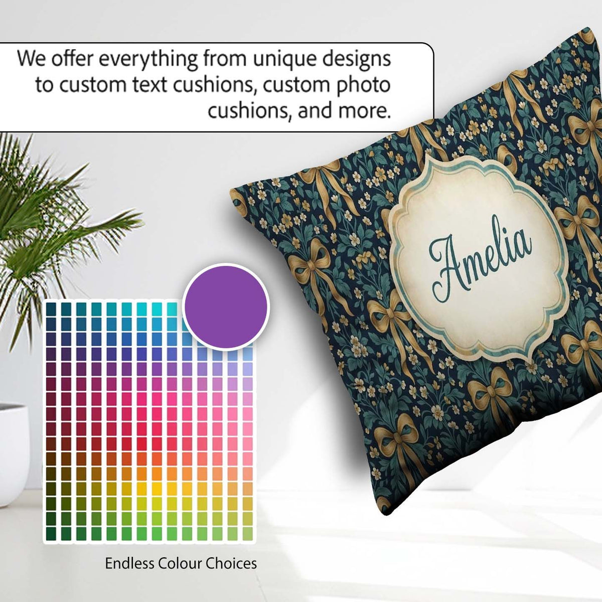 Custom Name Floral Ribbon and Pattern with Yellow Flowers Design Square Filled Cushion Throw Pillow Sofa Bed Home Decor Zip Washable UK Made
