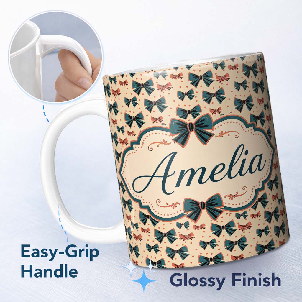 Personalized Custom Name Bow Tie Pattern with Polka Dots in Teal and Coral Seamless Name Cute 11oz Ceramic Coffee Tea Mug White Large Handle