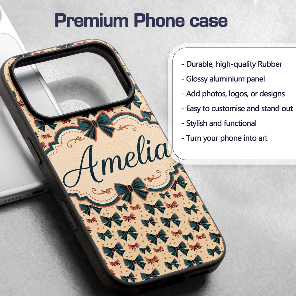 Bow Tie Pattern with Polka Dots in Teal and Coral Custom Name Protective Phone Case Mobile Cover Durable Everyday Smartphone Shock Resistant