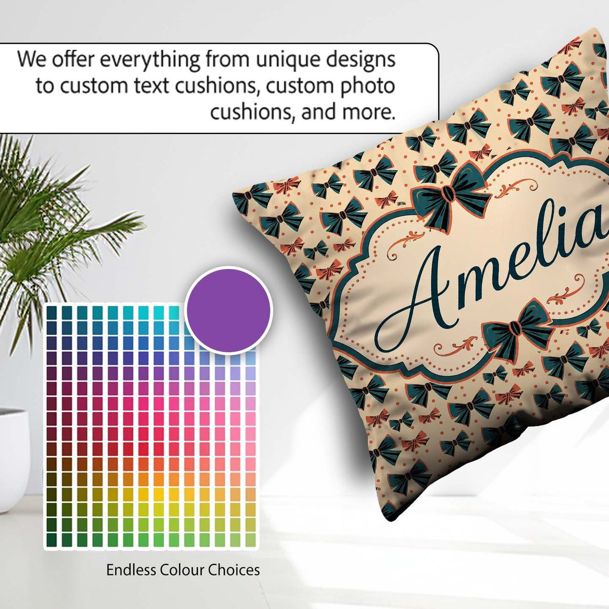 Custom Name Bow Tie with Polka Dots in Teal and Coral Name Cute Square Filled Cushion Throw Pillow Sofa Bed Home Decor Zip Washable UK Made