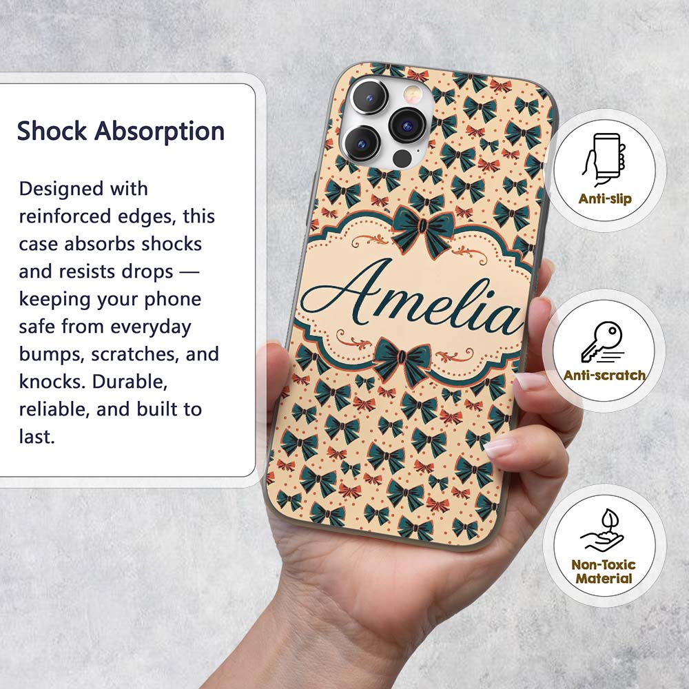 Bow Tie Pattern with Polka Dots in Teal and Coral Custom Name Protective Phone Case Mobile Cover Durable Everyday Smartphone Shock Resistant