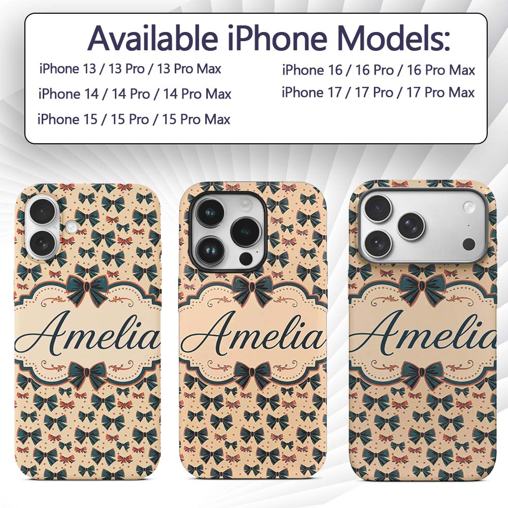Bow Tie Pattern with Polka Dots in Teal and Coral Custom Name Protective Phone Case Mobile Cover Durable Everyday Smartphone Shock Resistant