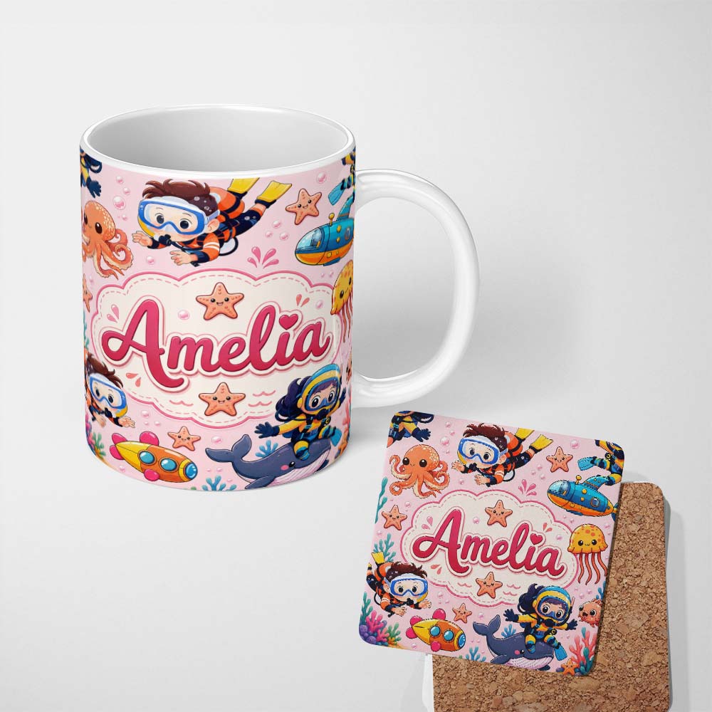 Personalized Custom Name Underwater with Scuba Divers Starfish and Whale on Blush Pink 11oz Ceramic Coffee Tea Mug White Large Handle