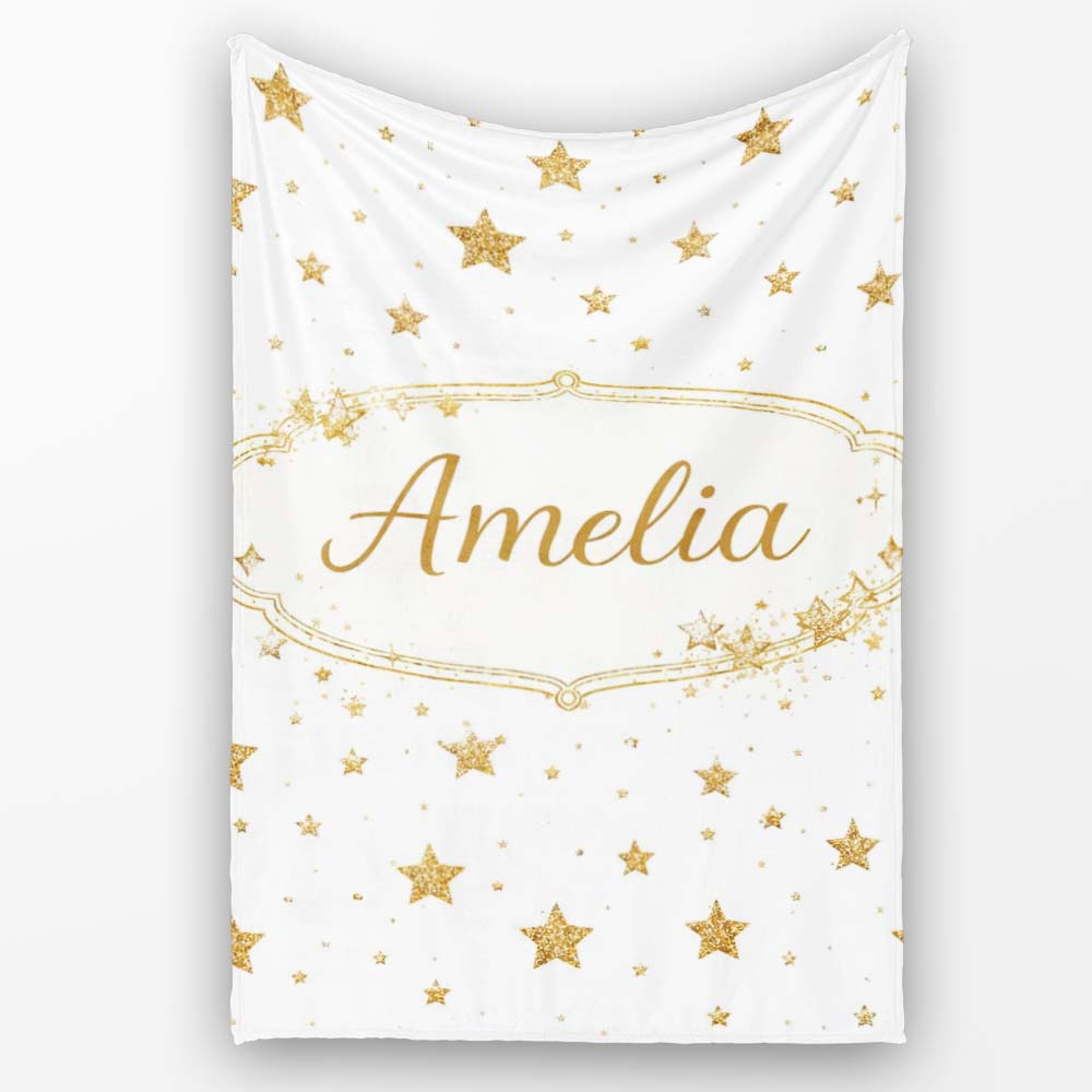 Gold Glitter Stars on White Seamless Pattern Stylish Everyday Personalised Custom Name Super Soft Fleece Blanket Bed Sofa Throw