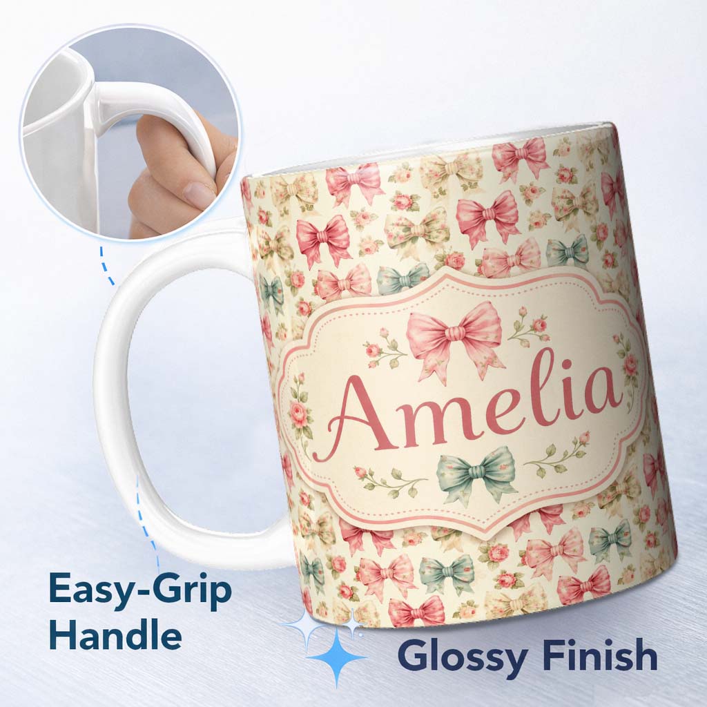 Personalized Custom Name Shabby Chic Floral Bow Pattern with Roses in Pastel Pink Seamless 11oz Ceramic Coffee Tea Mug White Large Handle