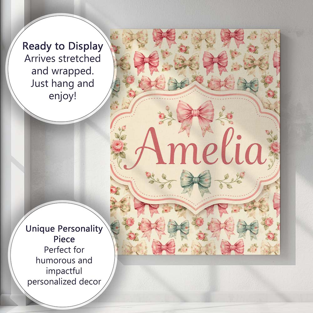 Personalised Name Shabby Chic Floral Bow Custom Unique Gift Idea Elegant Feature Canvas Wall Art Print Decor Picture Ready to Hang