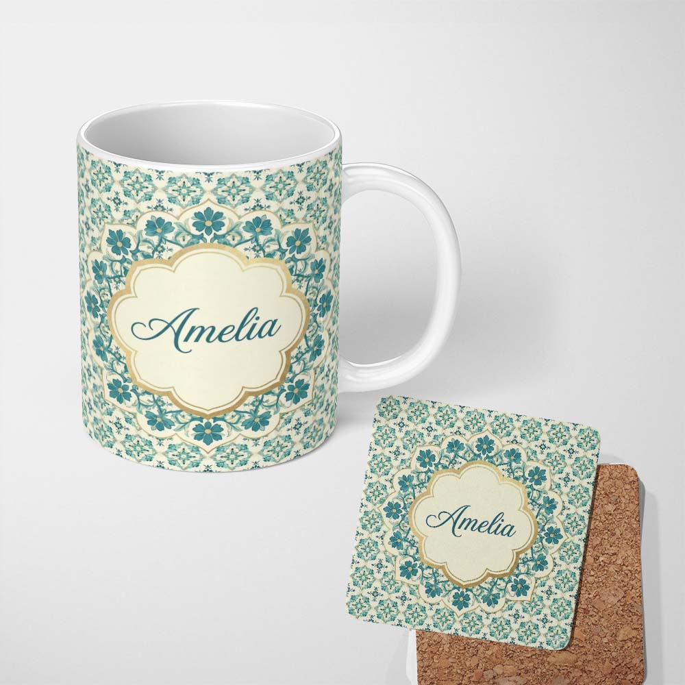 Personalized Custom Name Elegant Teal Floral Tile Medallion Seamless Pattern Cute Unique Gift 11oz Ceramic Coffee Tea Mug White Large Handle